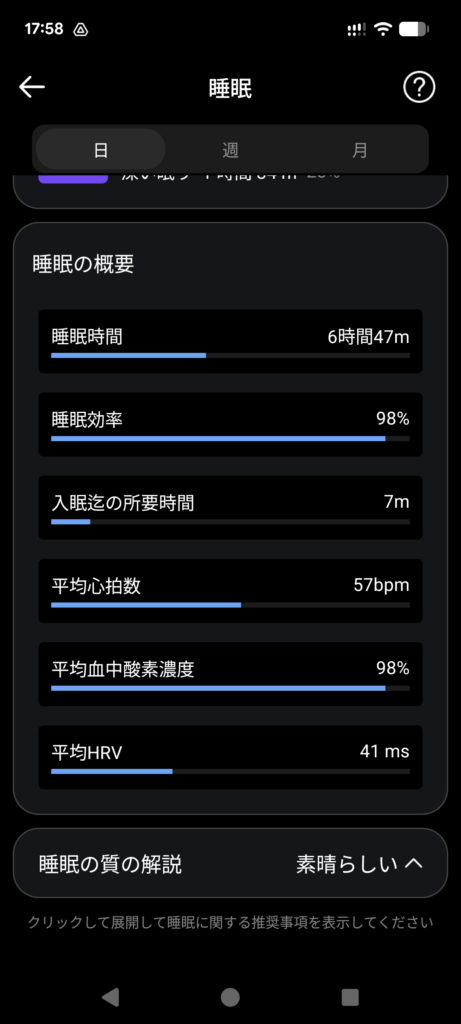 FOSMET RINGアプリの睡眠測定データ画面（睡眠の概要）