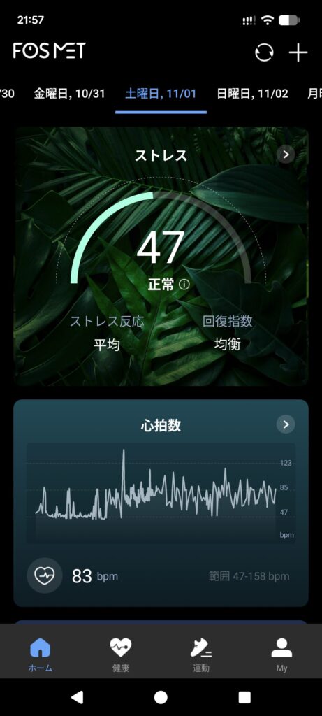FOSMET RINGアプリのストレス測定データ画面