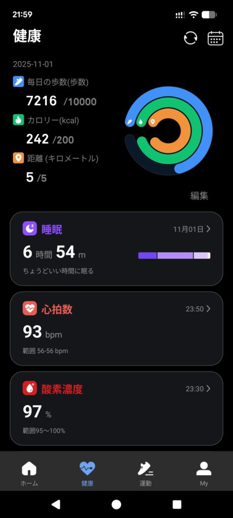 FOSMET RINGアプリの健康データ画面1