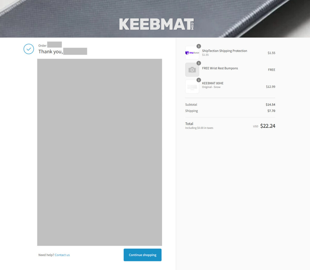KEEBMAT 80HEの購入完了画面