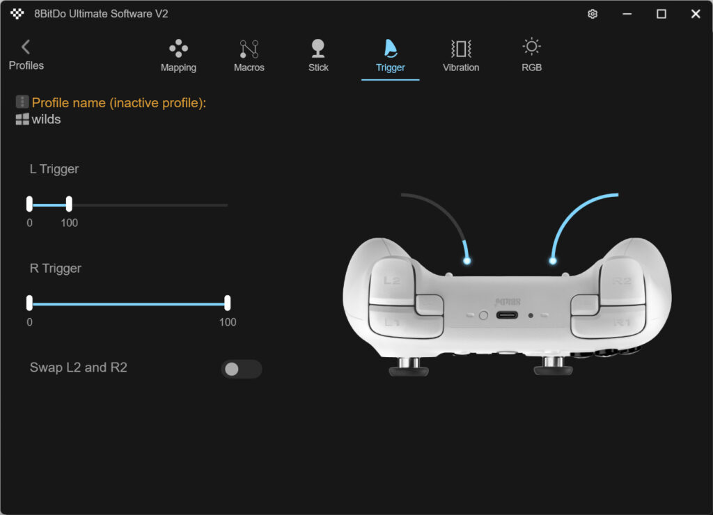 8BitDo Ultimate 2 Bluetoothのトリガー深度の設定