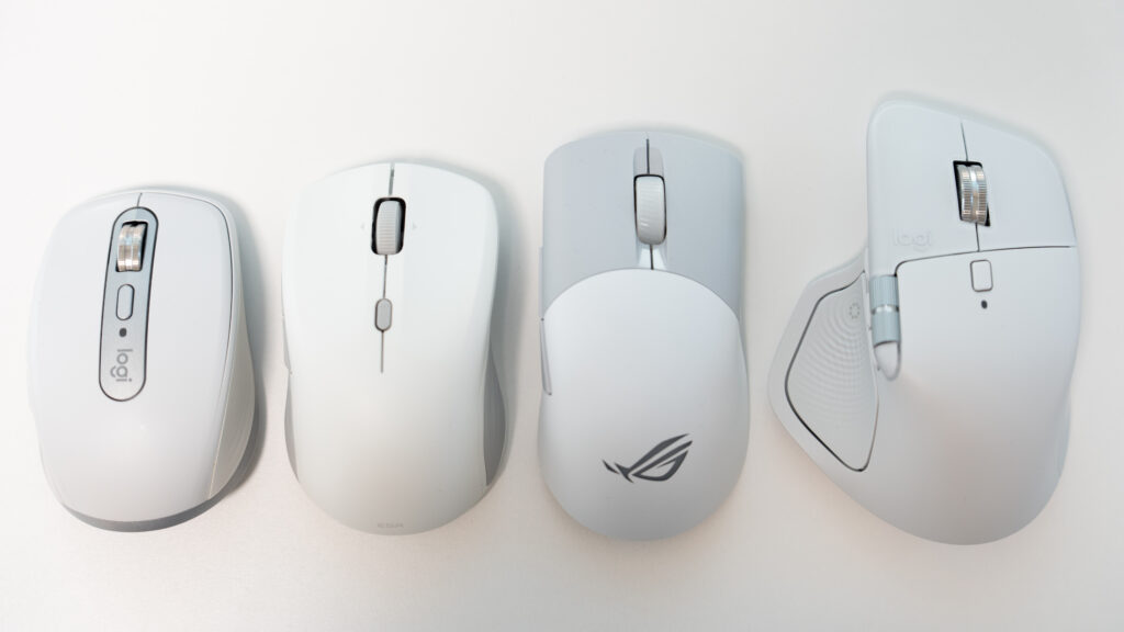 MX Anywhere 3S / ESR MagMouse / ROG Keris Wireless / MX Master 4のサイズの比較写真