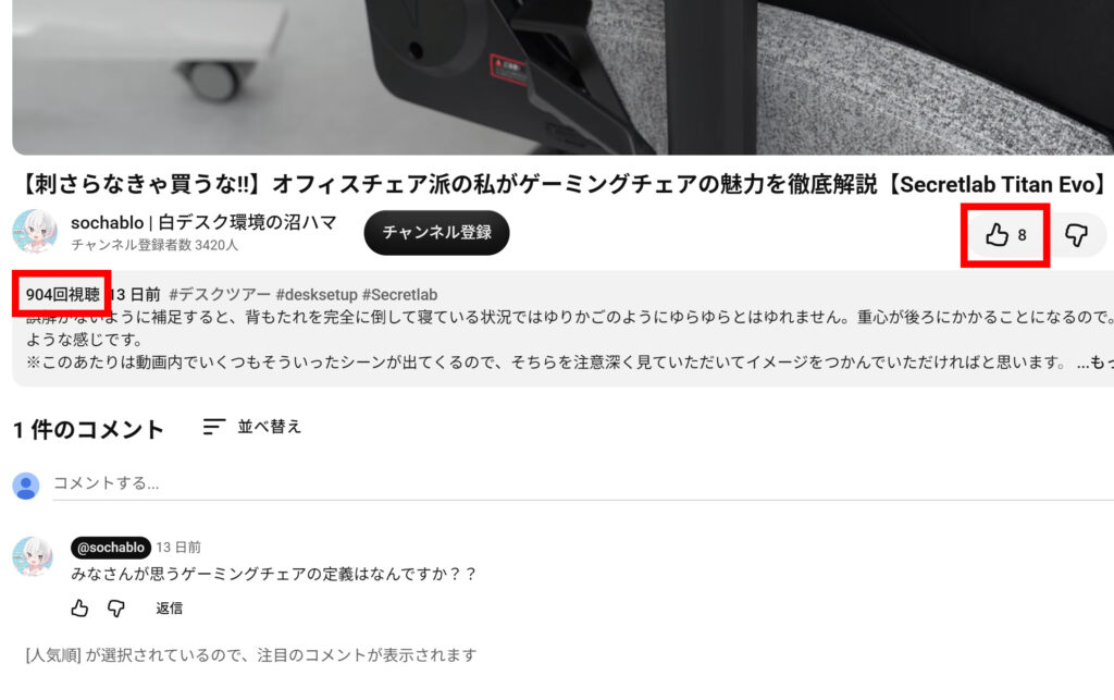 Secretlab Titan Evoのレビュー動画の視聴回数